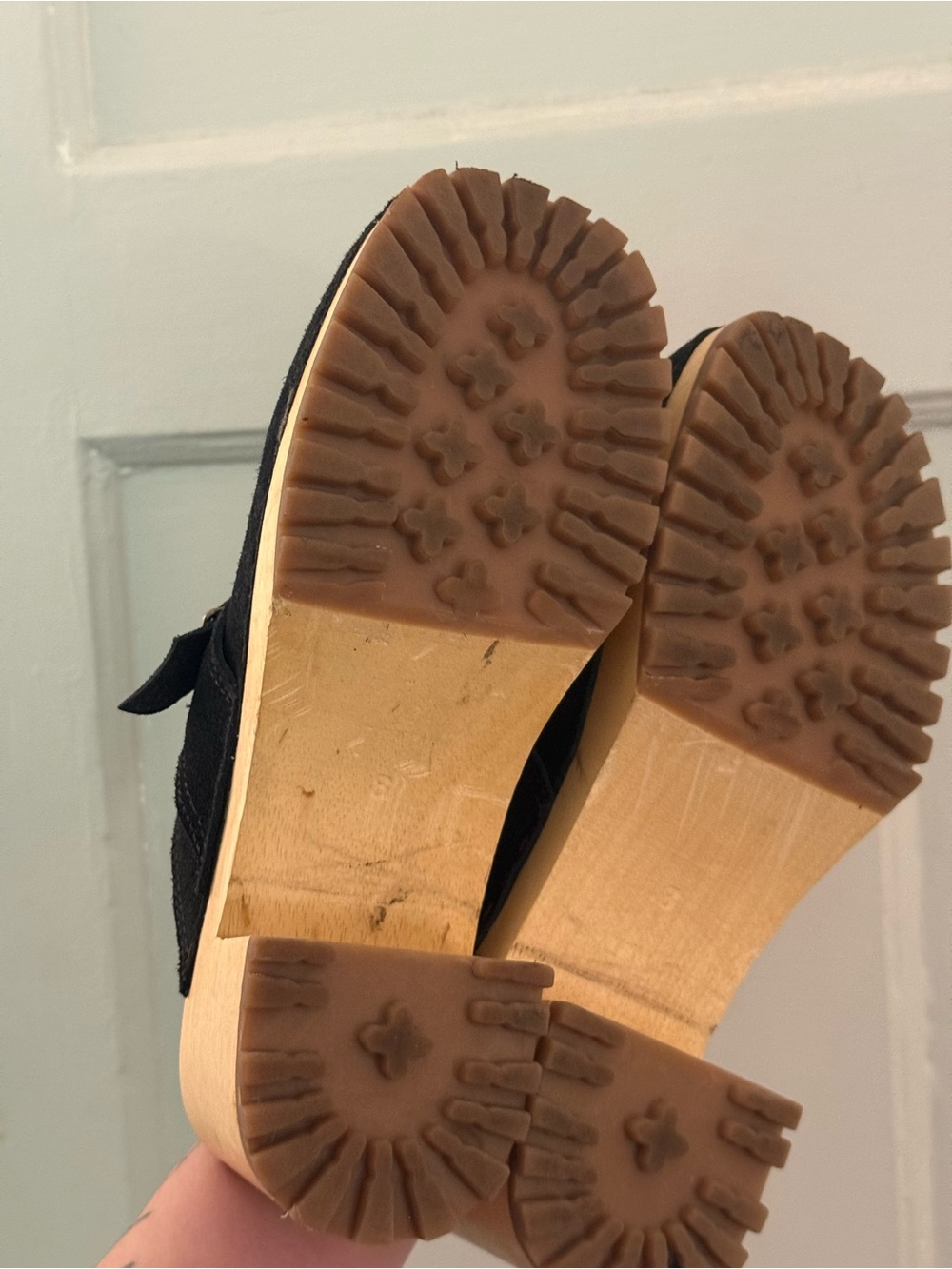 Black Suede Square Toe Clogs with Buckle - Picture 4 of 5
